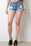 Chain Accent Clear Inset Frayed Distressed Denim Shorts
