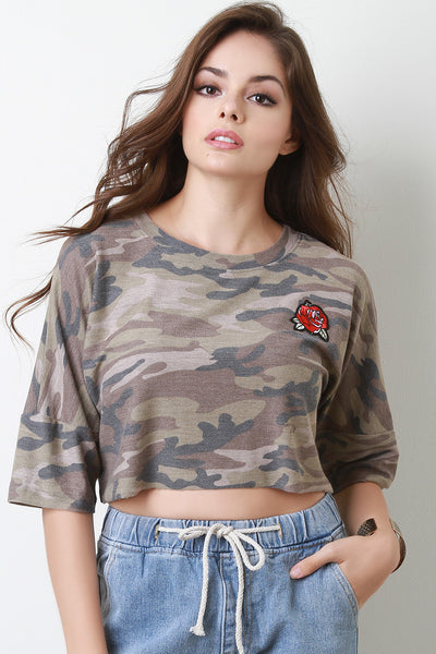 French Terry Camouflage Rose Patch Crop Top