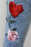 Floral Applique High Waisted Drawstring Denim Jeans