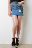 High Waisted Floral Applique Raw Cut Mini Denim Skirt