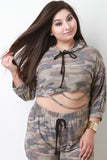 Distressed French Terry Camouflage Draped Hooded Crop Top
