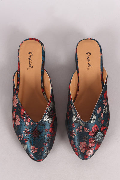 Qupid Satin Floral Brocade Pointy Toe Mule Flat