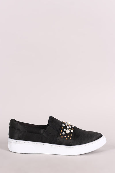 Qupid Satin Faux Jeweled Embellished Slip-On Sneaker