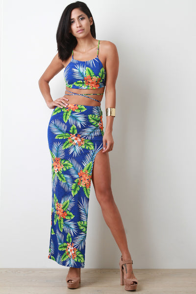 Tropical Print Strappy Backless Crop Top With Open Slit Maxi Skirt Set