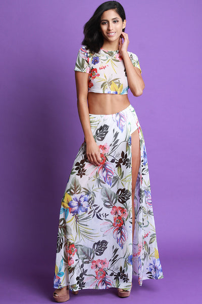 Tropical Print Mesh Short Sleeves Crop Top With Slit Maxi Skirt Set