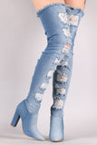 Bamboo Ripped And Frayed Denim Chunky Heeled OTK Boots