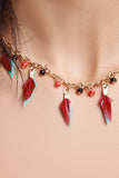 Suede Beaded Feather Choker Necklace Set