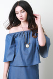 Chambray Off The Shoulder Wide Statement Sleeve Top
