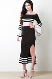 Striped Bardot Statement Sleeve Top With Slit Skirt Set