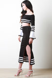Striped Bardot Statement Sleeve Top With Slit Skirt Set