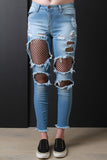 Mid Rise Fishnet Cut Out Denim Jeans