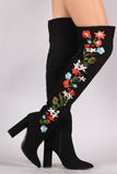 Qupid Suede Pointy Toe Floral Applique Chunky Over-The-Knee Boots