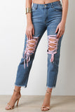 Frayed Lace Up High Waist Denim Jeans
