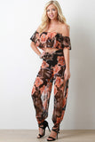 Floral Mesh Ruffled Top And Slit Jogger Pants Two Piece Set