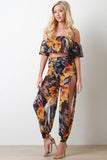 Floral Mesh Ruffled Top And Slit Jogger Pants Two Piece Set