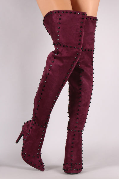 Suede Studded Pointy Toe Stiletto Over-The-Knee Boots