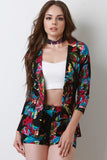 Tropical Leaf Print Open Blazer With High Waisted Shorts Set