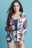 Tropical Leaf Print Open Blazer With High Waisted Shorts Set