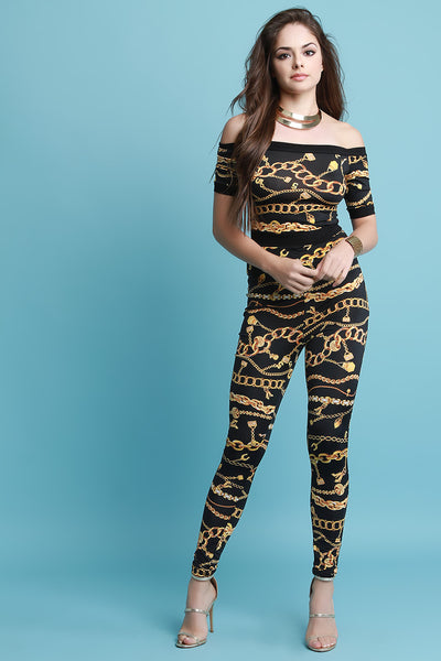 Chain Print Off The Shoulder Fitted Jumpsuit