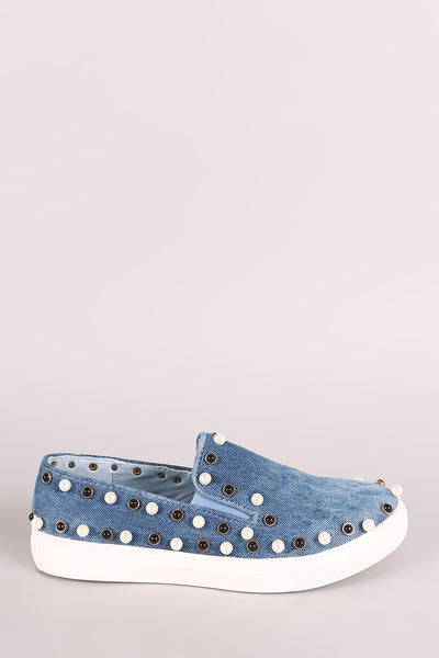 Liliana Denim Faux Pearls Embellished Slip-On Sneaker