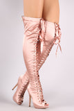 Liliana Satin Peep Toe Lace Up Over-The-Knee Boots