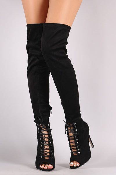 Wild Diva Lounge Suede Lace Up Stiletto Over-The-Knee Boots