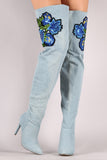 Anne Michelle Floral Patch Over-The-Knee Denim Stiletto Boots