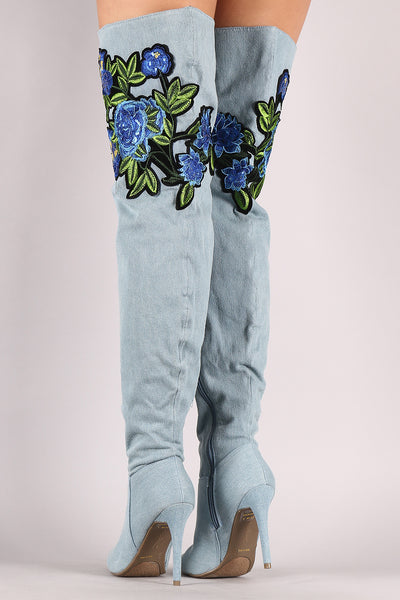 Anne Michelle Floral Patch Over-The-Knee Denim Stiletto Boots