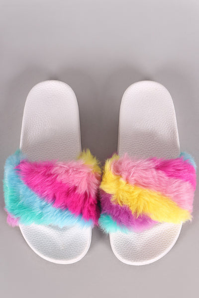 Rainbow Faux Fur Open Toe Slide Sandal