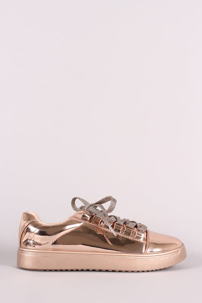 Bamboo Metallic Patent Low Top Glitter Lace Up Sneaker