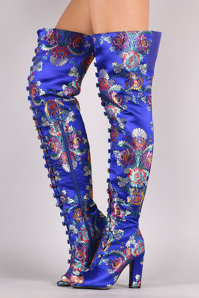 Bamboo Floral Buttons Accent Chunky Heeled Over-The-Knee Boots