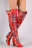 Bamboo Floral Brocade Pointy Toe Chunky Heeled OTK Boots