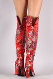 Bamboo Floral Brocade Pointy Toe Chunky Heeled OTK Boots