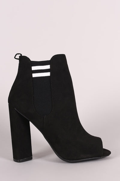 Qupid Suede Stripe Knit Inset Peep Toe Chunky Heeled Ankle Boots