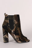 Qupid Camouflage Stripe Knit Inset Peep Toe Chunky Heeled Ankle Boots