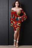 Floral Velvet Tiered Ruffled Sleeve Bardot Midi Dress