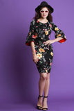 Floral Bell Sleeve Bodycon Midi Dress