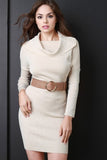 Cowl Neck Long Sleeves Belted Sweater Dress