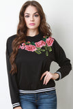 Floral Applique Striped Ribbed Knit Trim Sweater Top
