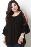Round Lace Cold Shoulder Bell Sleeve Top