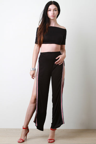 Stripe Trim French Terry Crop Top With Slit Pants Set