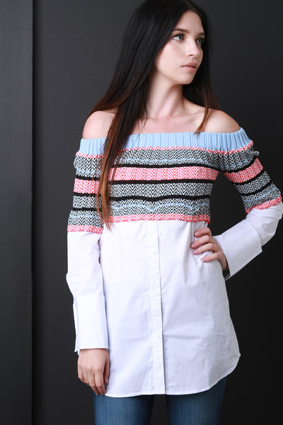 Chevron Knit Crop and Button Up Twofer Top