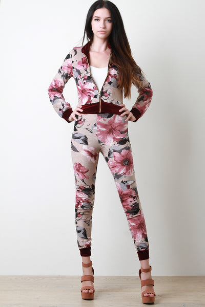 Velvet Floral Jacket With High Waisted Pants Set