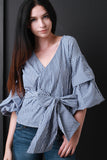 Striped Surplice Waist-Tie Ruched Statement Sleeves Blouse Top
