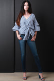 Striped Surplice Waist-Tie Ruched Statement Sleeves Blouse Top