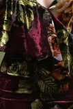 Floral Velvet Asymmetrical Ruffle Midi Dress