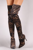 Anne Michelle Leopard Pointy Toe Stiletto Over-The-Knee Boots