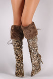 Qupid Leopard Velvet Fur Cuff Stiletto Over-The-Knee Boots