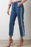 Sporty Stripe Frayed Hem Boyfriend Crop Denim Jeans