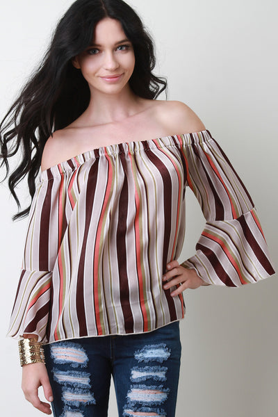 Multi-Color Striped Bell Sleeve Bardot Top